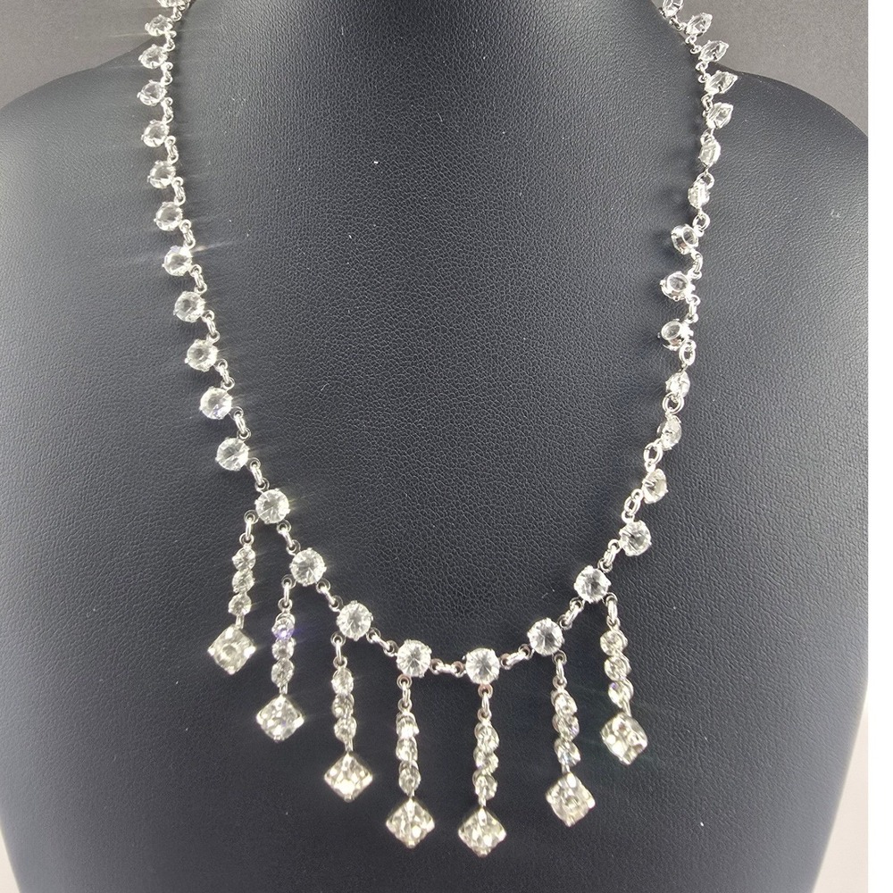 Vintage Estate Necklace Open Bezel Art Deco Fringe Dangle Choker 14in